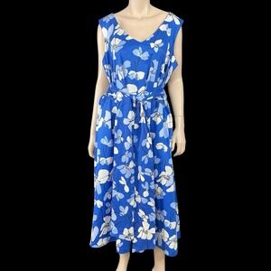 Anne Klein Dress Women 2X Blue Floral Maxi Sleeveless V Neck Tie Waist NWT